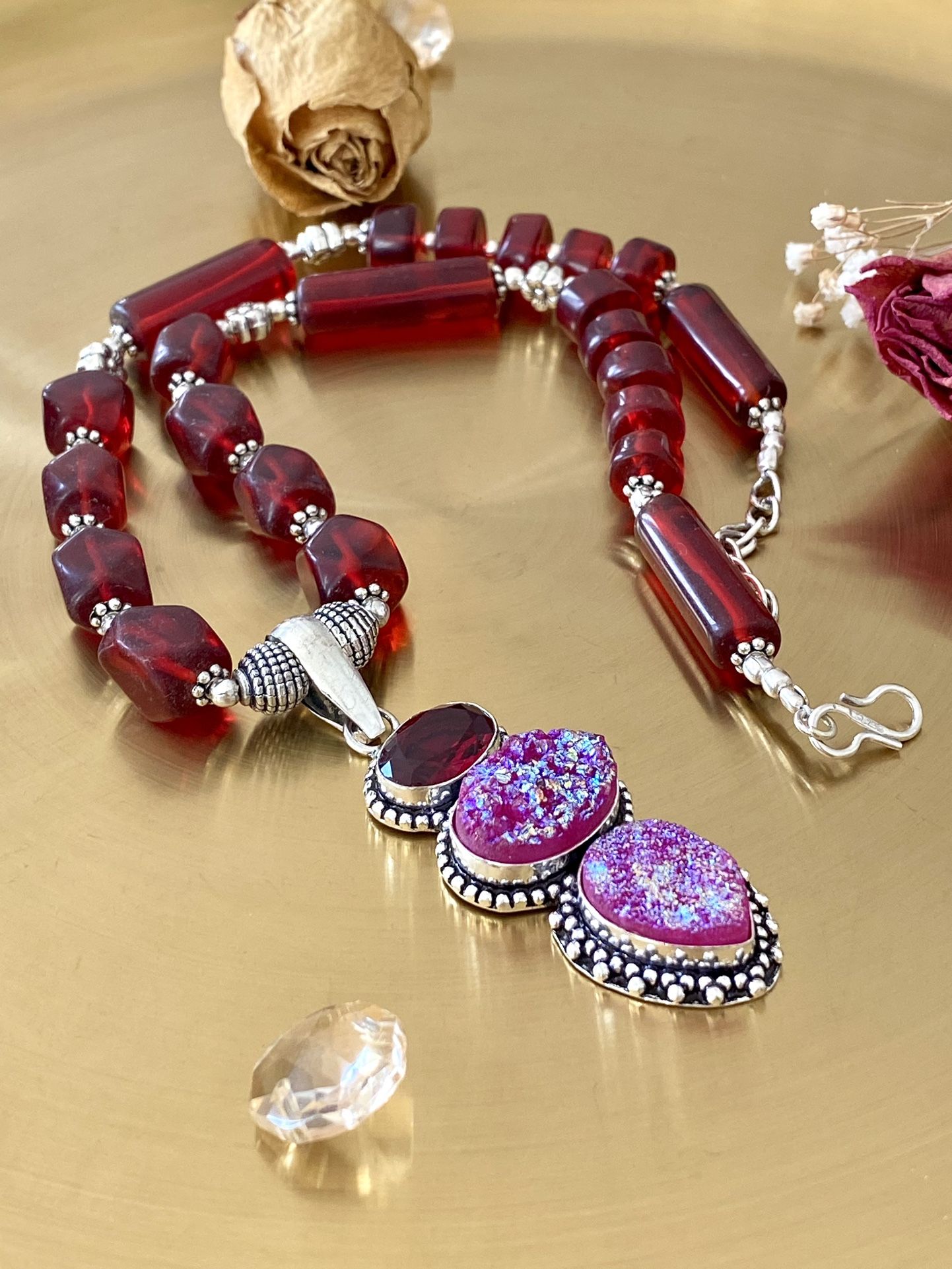 Pink Titanium Druzy And Natural Garnet 925 Sterling Silver Overlay Handcrafted Beaded Necklace