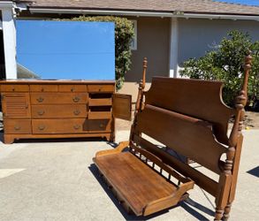 Vintage Wood Bedroom Set with Dresser and Bed Frame