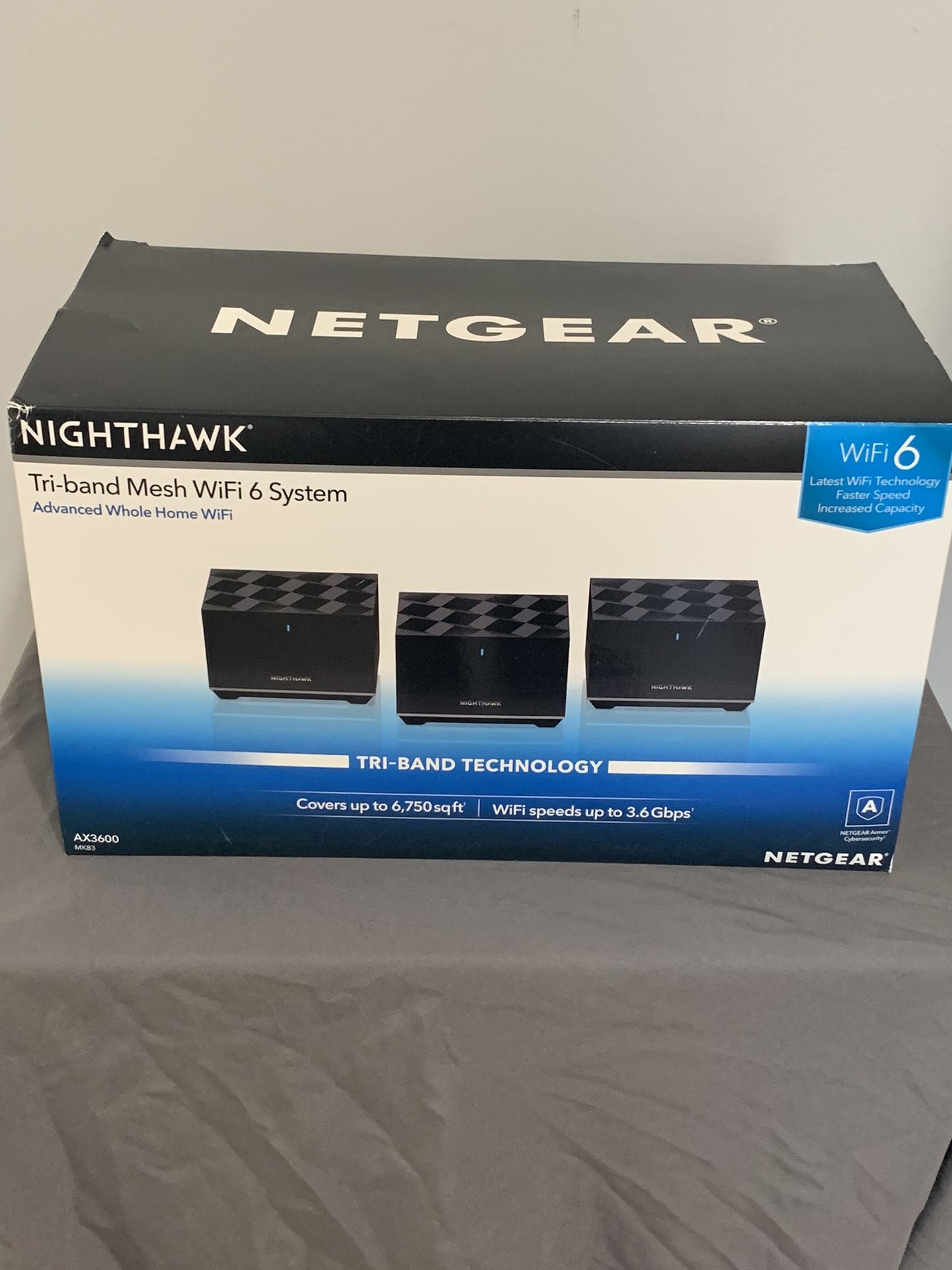 NETGEAR Nighthawk Tri-band Whole Home Mesh WiFi 6 System (MK83) – AX3600 Router with 2 Satellite Extenders, Coverage up to 6,750 sq. ft. and 40+ devic