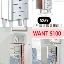 Powell Jewelry Armoire Wood, Silver Mirrored 