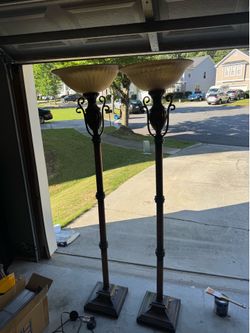 Pair of Elegant Torchiere Floor Lamps – Bronze Finish with Marbled Glass Shades