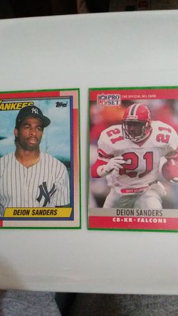 Deion Sanders Yankees baseball card and Atlanta Falcons football card