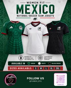 New!  Mexico National Soccer Team Women's Fit Jerseys Sizes Small to 2XL in Green, White and Black