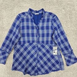 Habitat Womens Top Small Blue Button Up Plaid Long Sleeve Gauzy Lagenlook
