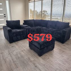 Black Jumbo Corduroy Sectional Sofa With Ottoman And Console 