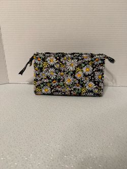Vera Bradley Floral Zipper Makeup Bag Pouch, Fabric, Black/White/Yellow 10"