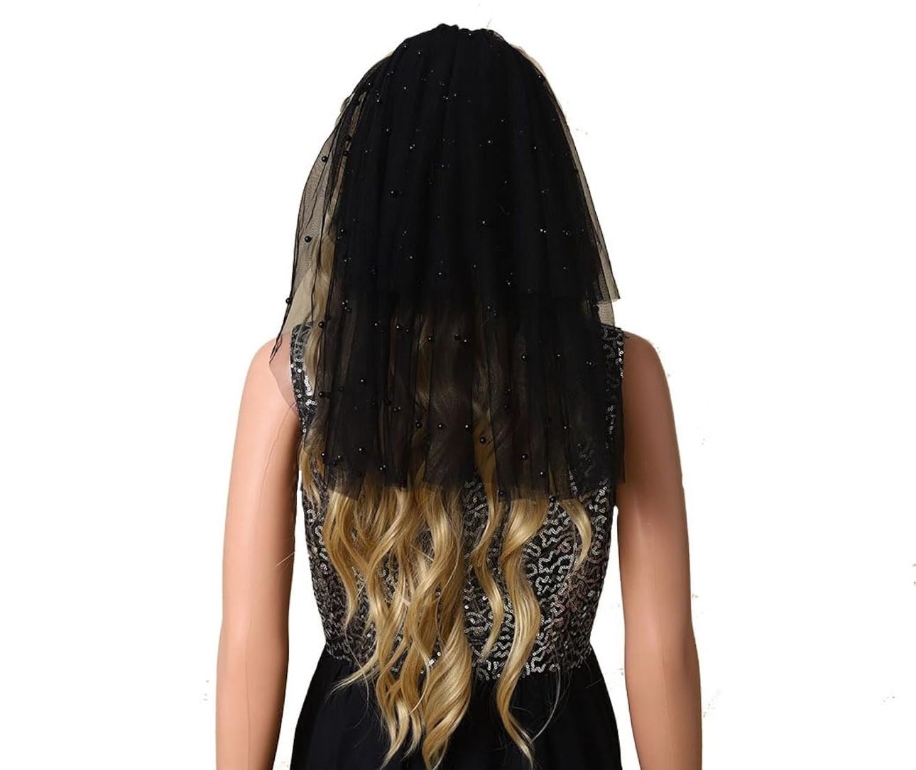 Black one Tier Black Pearl Cathedral Wedding Veil 'Bridal Veil  Short Tulle for Brides & Halloween