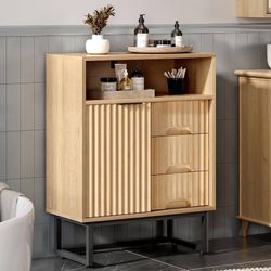 Fluted Bathroom Floor Cabinet with Sliding Door, Modern 3 Drawers Storage Organizer with Black Metal Base Adjustable Shelf Wood Storage Cabinet Freest