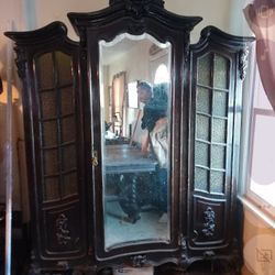Antique French ornate Dark Wood Wardrobe Mirrored Armiore