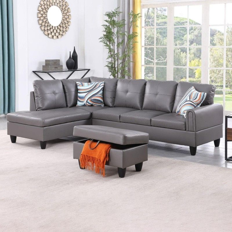 Dark Grey faux leather sectional household living space ottoman collection furniture for sale
