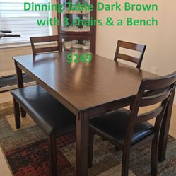 Dining Table Set – Dark Brown (3 Chairs + 1 Bench)