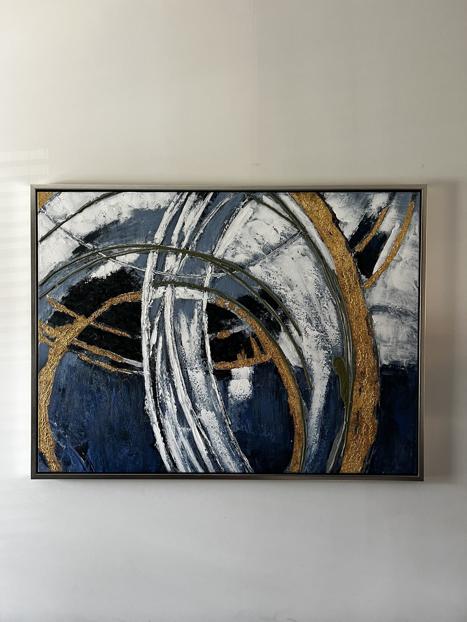 Framed Abstract Wall Art – Navy, White & Gold