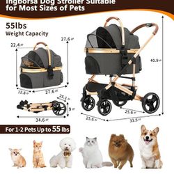 Pet Stroller 3 in 1 Folding Lightweight Dog Stroller with Detachable Carrier & Storage Basket, Premium 4 Wheels Travel Stroller for Puppies, Doggies, 
