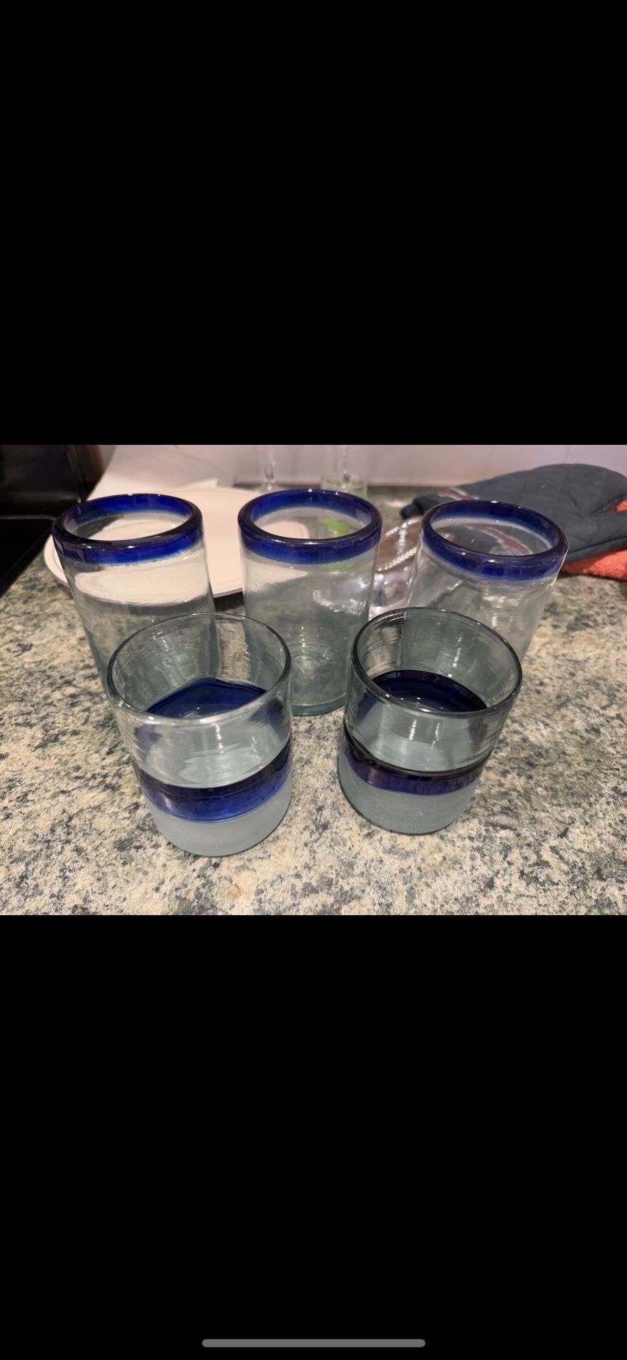 Set of 5 Mexican Handblown Blue Rim Glasses – Heavy Artisan Tumblers