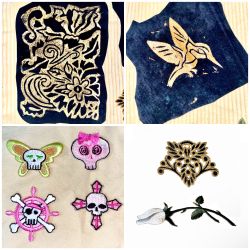 Set 8 Patches: 6 Iron-on Skull & Floral 2 Blk Suede & Gold Block Print FloraBird