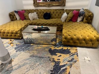 Gold Velvet Tufted Sectional Sofa with Chaise