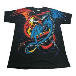Vintage 1994 Liquid Blue Dueling Dragons Black AOP Graphic Single Stitch T-Shirt Made in USA Adult Size 2XL XXL VTG 90s