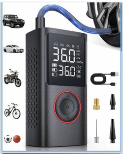 Tire Inflator Portable Air Compressor, 150 PSI Cordless Bike Pump, Air Pump for Auto, Motorcycle, Bicycle, Balls with Pressure Gauge, LED Light & Car