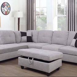 New Gray White Flannelette Sectional Sofa W/ Free Ottoman And Pillows  New In Original Boxes