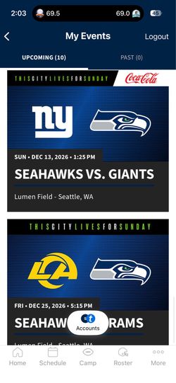 Seahawks vs Giants | Section 304, Row D | 2-4 Tickets