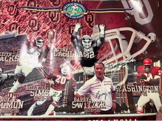 Autographed OU Sooner Poster: Billy Sims, Barry Switzer, Bob Stoops, Uknown (last picture)