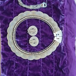 Antique gold tone, necklace, bracelet, and clip on earrings set, choker style necklace, bracelet Goldette NY with locking clasps