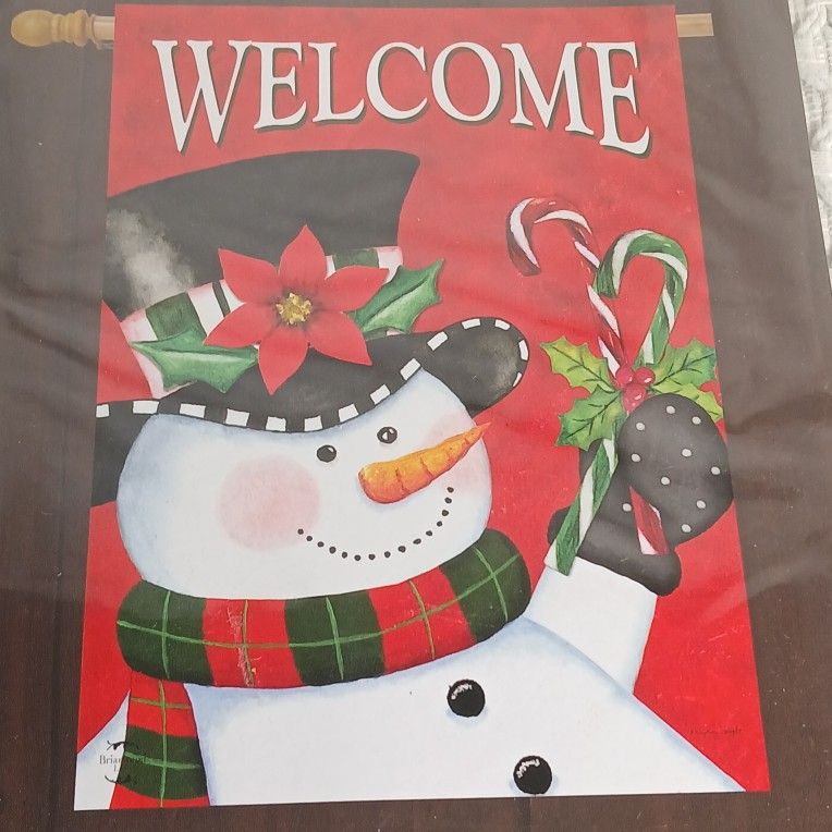 Briarwood Lane Christmas Snowman Welcome House Flag Red Candy Canes Poinsettia