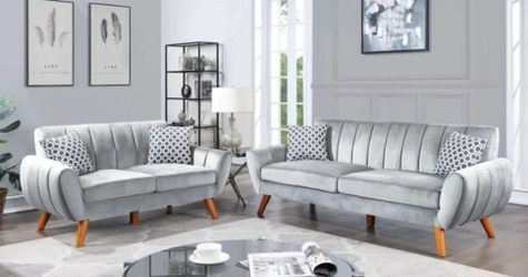 ✅️✅️2 pc light grey velvet fabric mid century modern sofa and love seat set Langley street wooten✅️✅️✅️