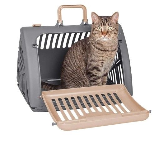 SportPet Designs Foldable Travel Cat Carrier - Front Door Plastic Collapsible Carrier, Gray and Tan, Medium (Pack of 1)