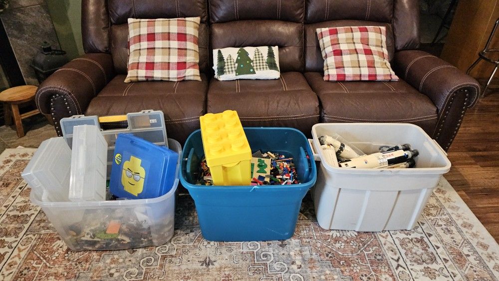 Three Totes / Bins Of Legos And Storage Organizers 