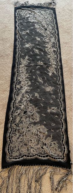 Smithsonian Silk Scarf Black, White, Floral, Fringe