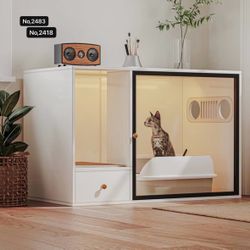 37.4'' W ,Cat Litter Box Enclosure Furniture Style, Large Hidden Glass Door Kitty Cat Cabinet with Light and Storage Drawer, Fit Most of LitterBox ,Wh