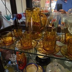 Vintage Arcoroc France Durand Petale Amber Thumbprint Teacup & Saucer Plate and pitcher 