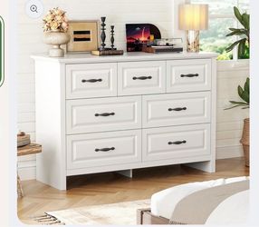 White 7-Drawer Dresser with Black Handles
