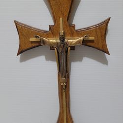 Modern carved wood gilt bronze religious Jesus wall crucifix cross
 14"