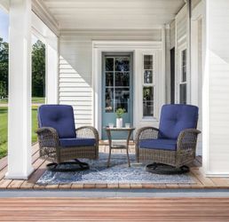 Kovach 3-Piece PE Wicker Patio Conversation Set with Navy Blue Cushion Rattan Swivel Rocking Chair and Side Table