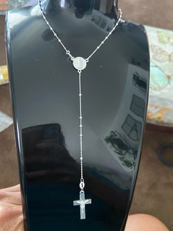 Italian Silver 925 Rosary Necklace with Cross and Virgin Mary Pendant