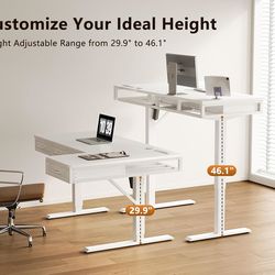 L Shaped Electric Standing Desk with Wooden Drawers, 55 Inch Height Adjustable Corner Workstation with Power Outlets, Sit Stand Table for Home, Office