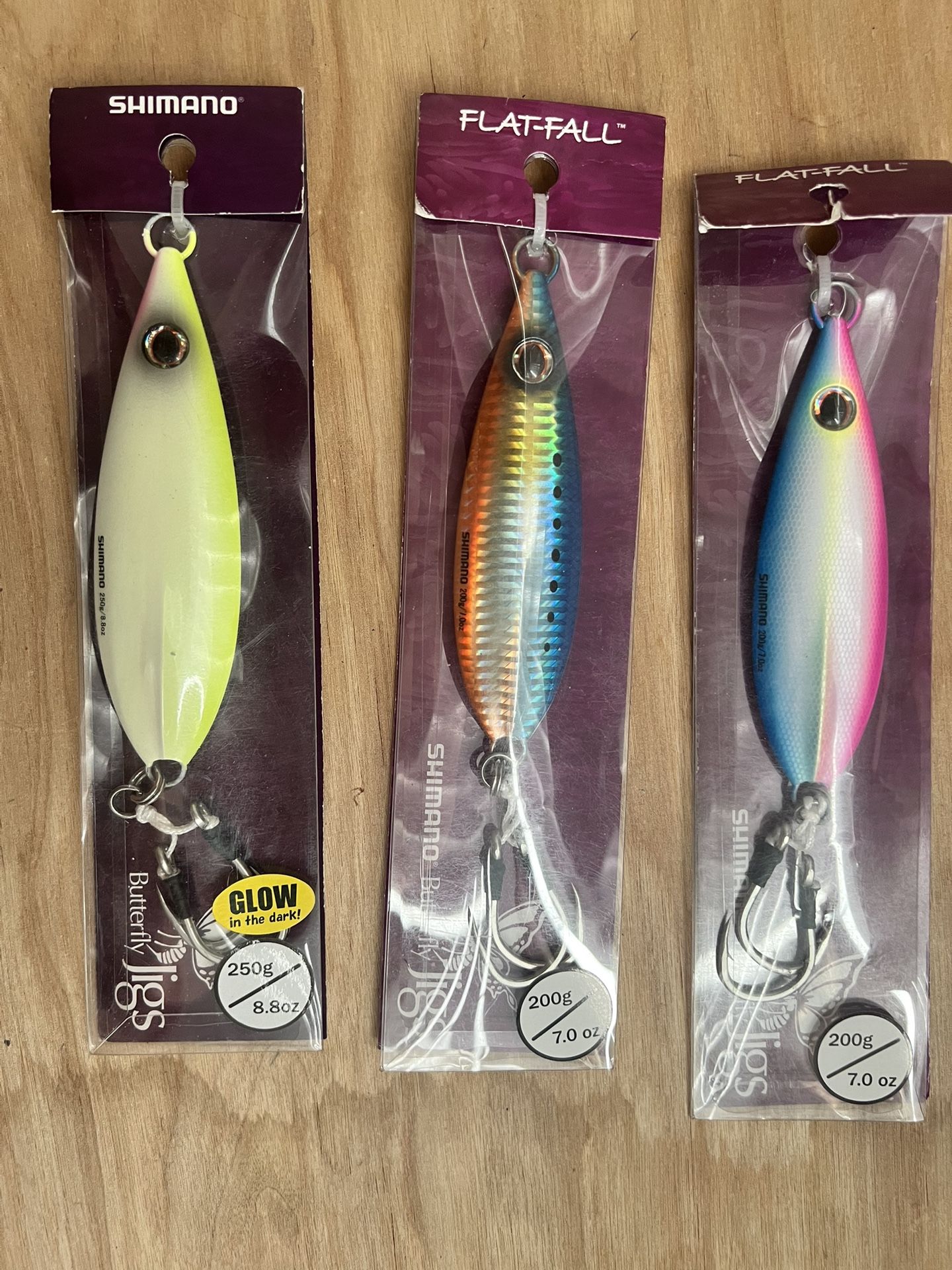 3 Shimano Flatfall Butterfly Jigs, 200-250 Gram, New, bluefin, yellowfin, Yellowtail, Dorado