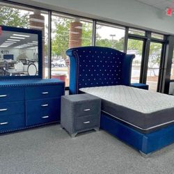 New 💐 $20 Down Payment Finance 💐 Melody Blue Velvet 4 Piece Queen Bedroom Set