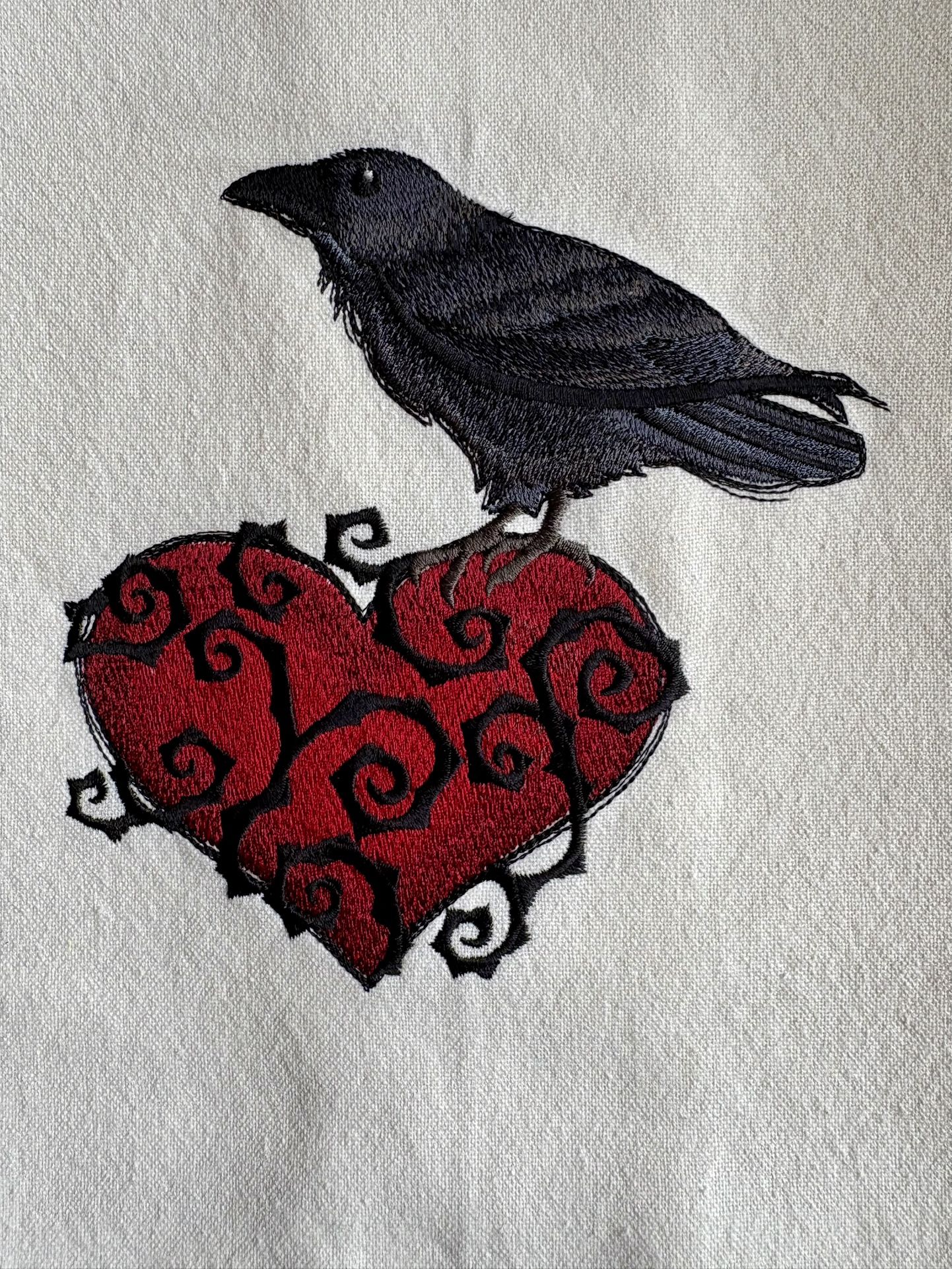 Raven / Crow Heart Embroidered Dish Towel