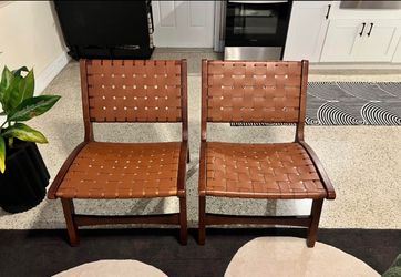 Pair of MCM Woven Leather Lounge Chairs - Cognac & Walnut