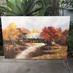 Covered Bridge In Autumn Hand Painted Painting Art