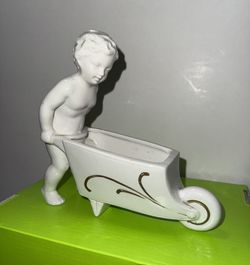 Vintage Angel Cherub pushing Cart Planter