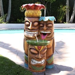 Brand New 35" Tall Outdoor 3-Tier Tiki Head Waterfall Fountain Yard Art Décor, Multicolor