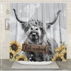 Farmhouse Highland Cow Shower Curtain Set Funny Western Get Naked Shower Curtains for Bathroom Country Sunflower Bathroom Decor Polyester Fabric-72" x
