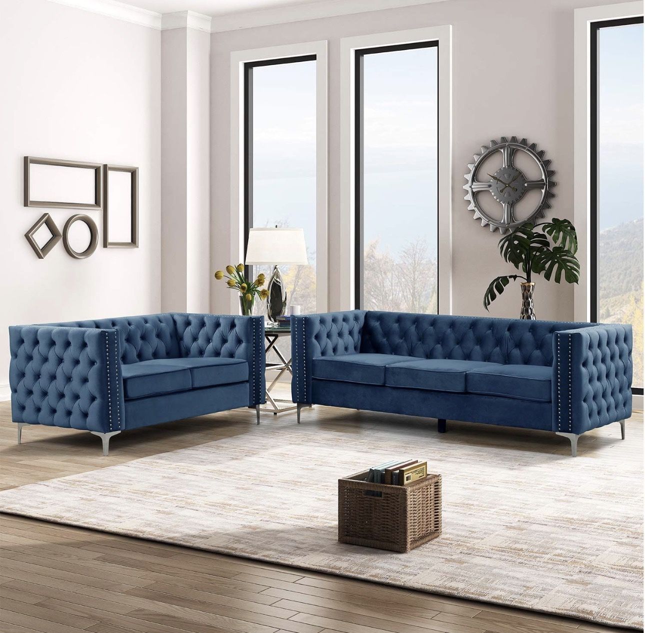 Modern 2 Pieces of Loveseat and Sofa Couch Set with Dutch Velvet Blue, Iron Legs