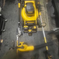 Dewalt Lawn Equipment . Lawn Mower /extending Poll Trimmers / Weed Wacker /blower / 4 Batteries And 3 Chargers 