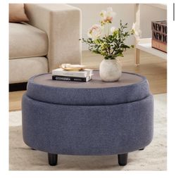 Blue Round Ottoman with Storage and Reversible Tray, Upholstered Fabric Footrest Coffee Table for Living Room, Bedroom, Entryway-25 Inch