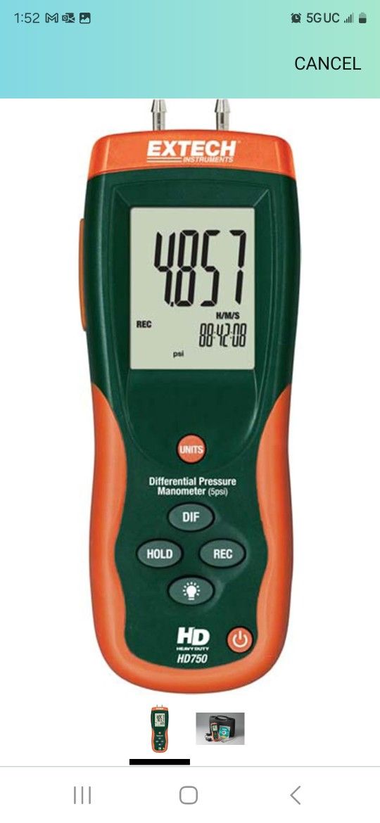 Extech HD750 Differential Pressure Manometer 5PSI